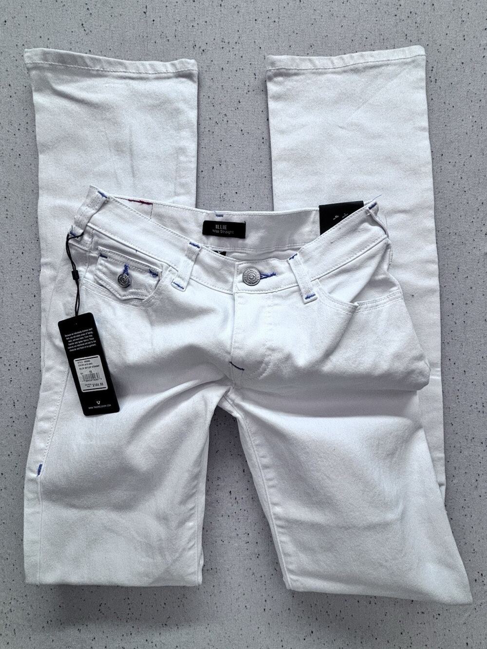 NWT True Religion Billie Mid Rise Straight Jeans White Purple Stitch Sz 25 $164